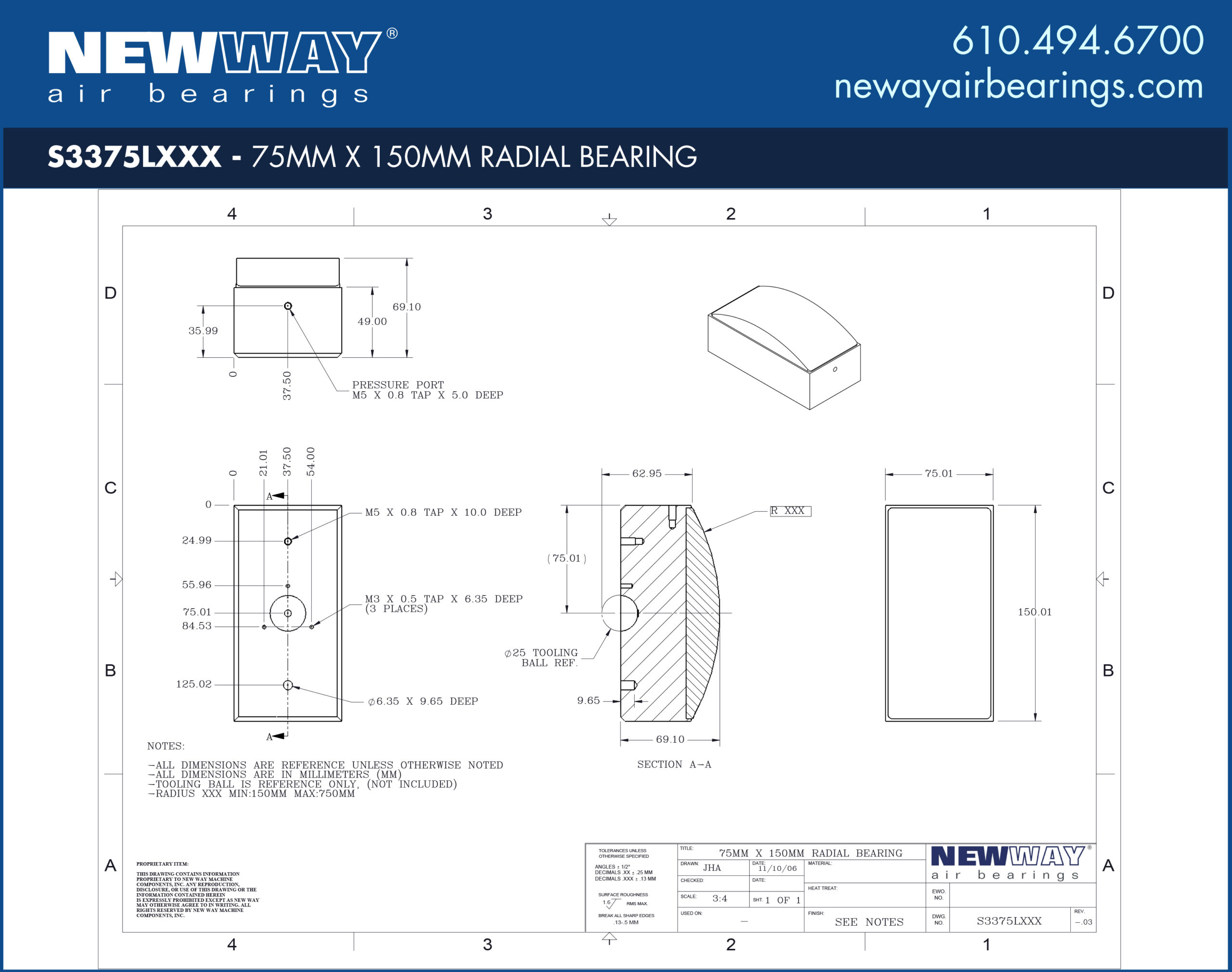 75mm x 150mm Radial Air Bearings Convex L Profile - New Way Air