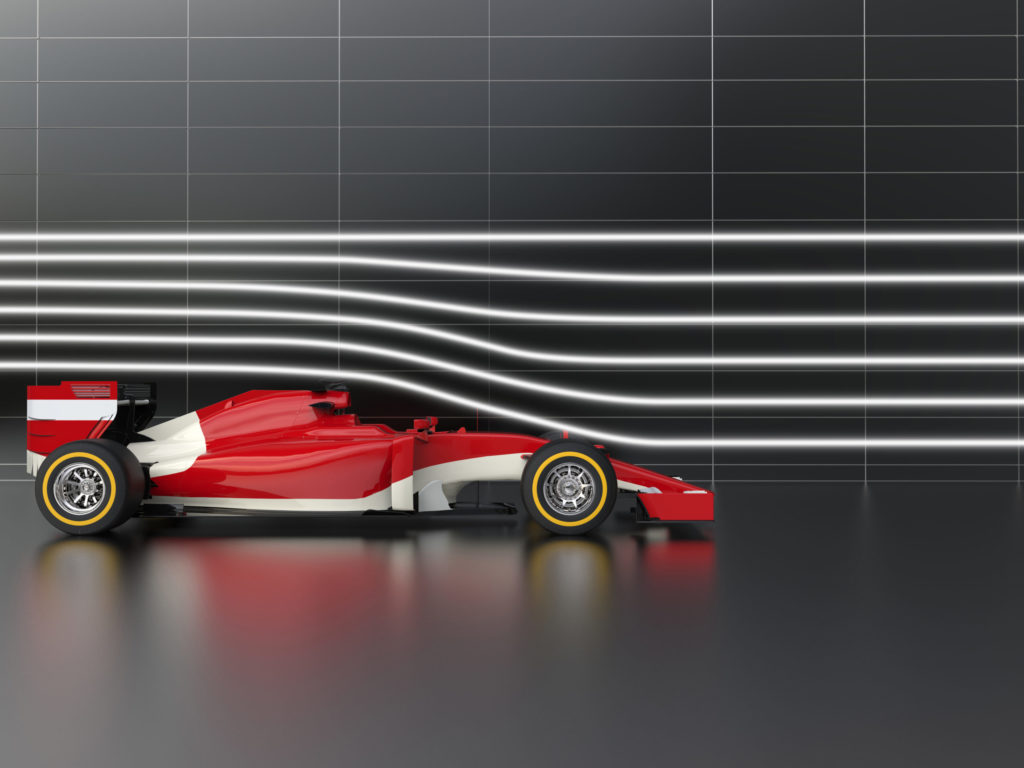 Rendered image of a racecar in a wind tunnel